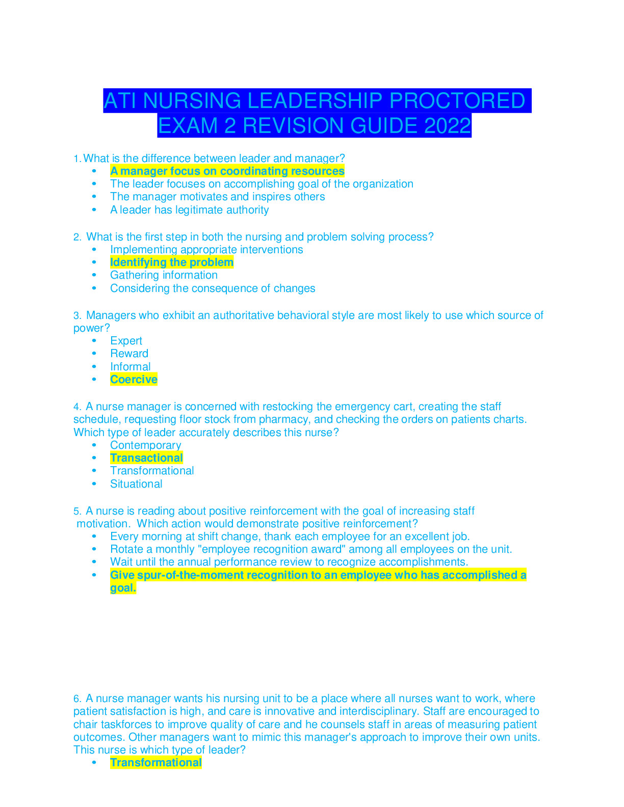 Preview of ATI NURSING LEADERSHIP PROCTORED EXAM 2 REVISION GUIDE 2022